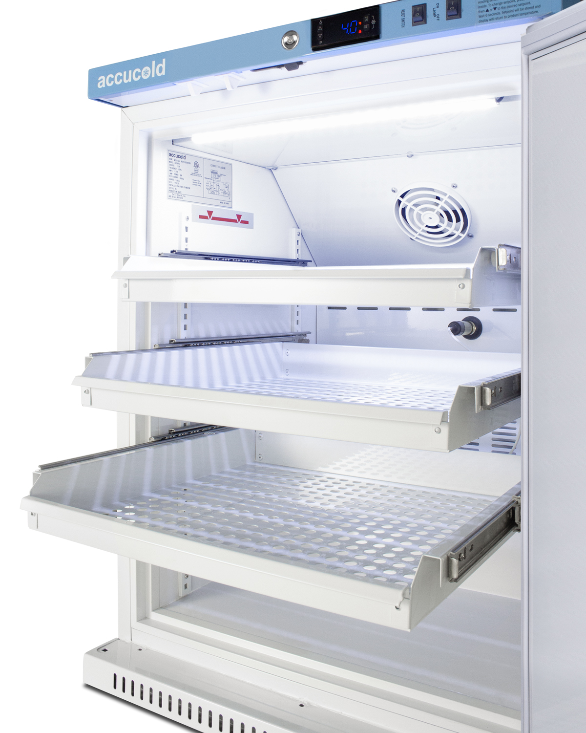 Performance series Med-Lab freestanding 6 cu.ft. ADA height all-refrigerator with three ventilated removable drawers, antimicrobial silver-ion handle, and hospital grade cord with 'green dot' plug